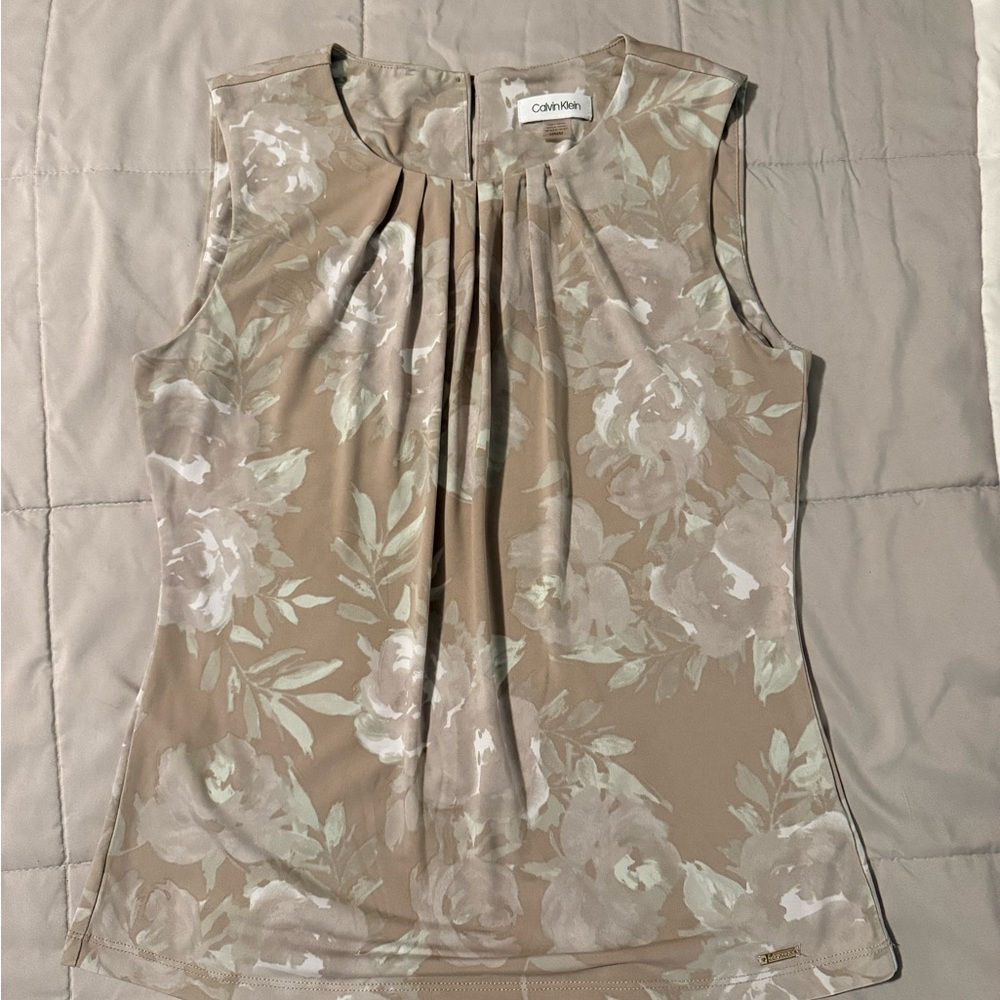 Calvin Klein Tan Pleated Fitted Blouse